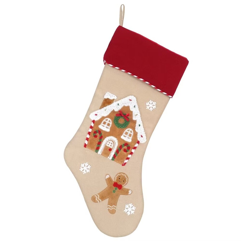 Christmas Stocking Mon Ami GINGERBREAD HOUSE generous size tan red NWT applique